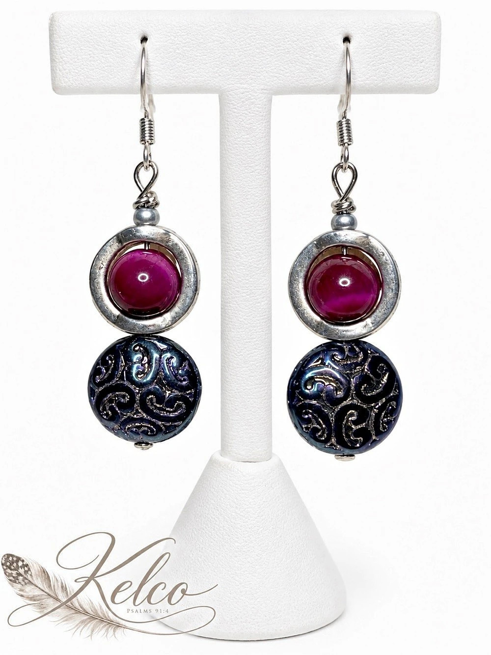 1 Fuchsia Tiger’s Eye Czech Glass Dangle Earrings 1”
